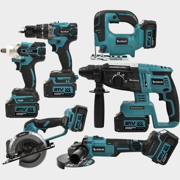 ASSUR 6'lı Set Şarjlı Darbeli Matkap Hilti Taşlama Somun Sıkma Dekupaj Testere Daire Testere Mavi